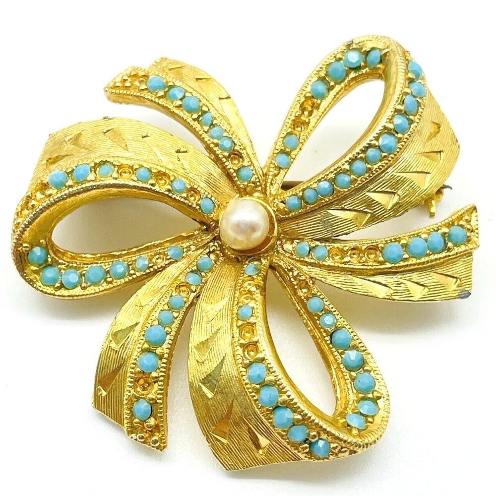 Sphinx Signed Bow Brooch Gold Tone Turquoise Rhinestone Vintage British